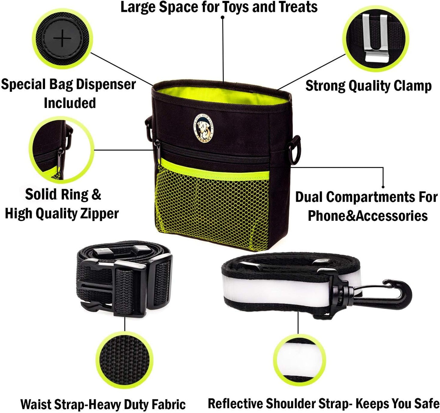 Dog Treat Bag, Training Pouch for Small and Large Dogs with Clicker and Collapsible Food Bowl BPA Free – Pet Treats Tote Bag with Waist and Shoulder Reflective Straps and Belt Clip